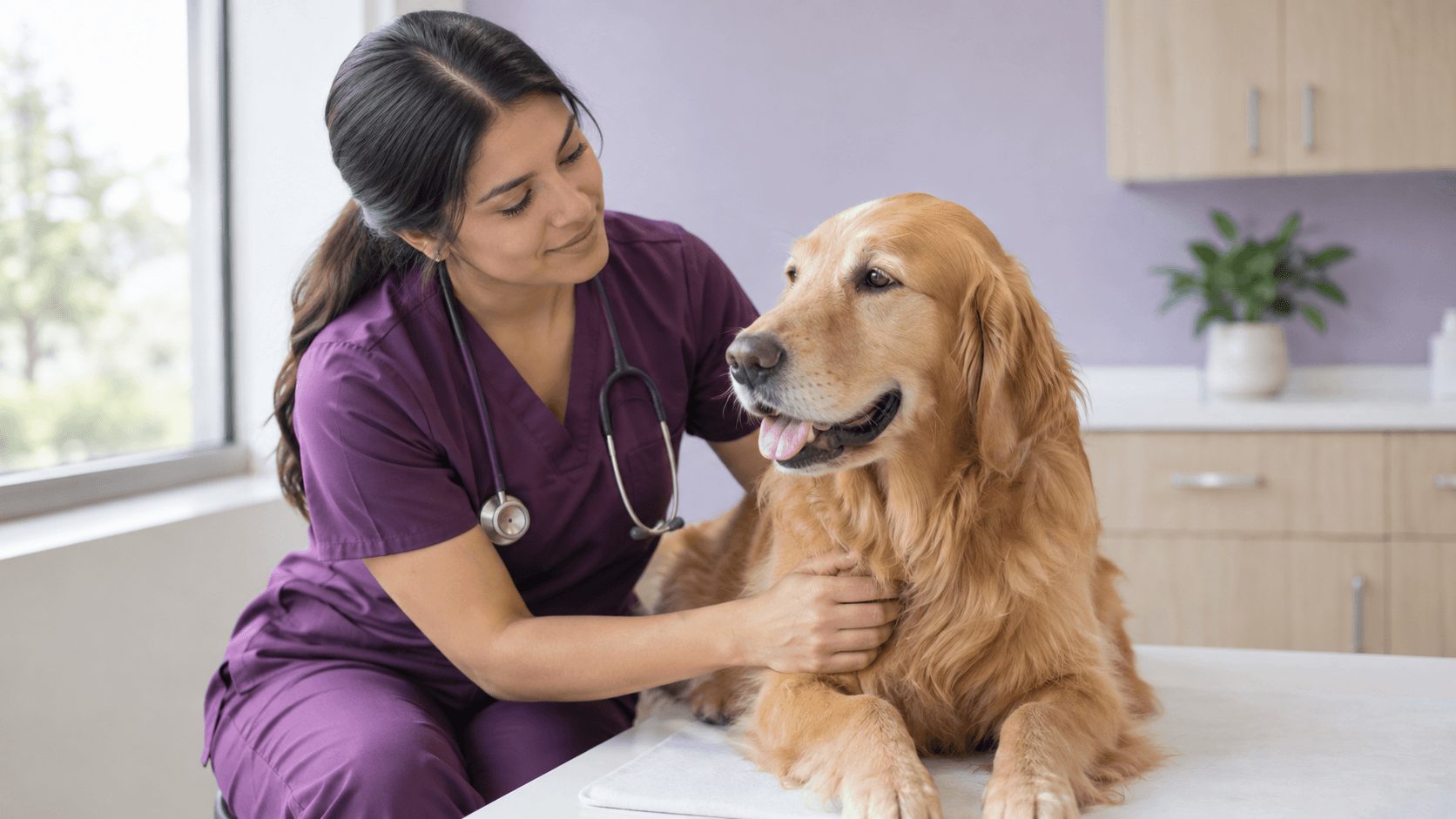 Veterinaria revisando a un perro en consulta